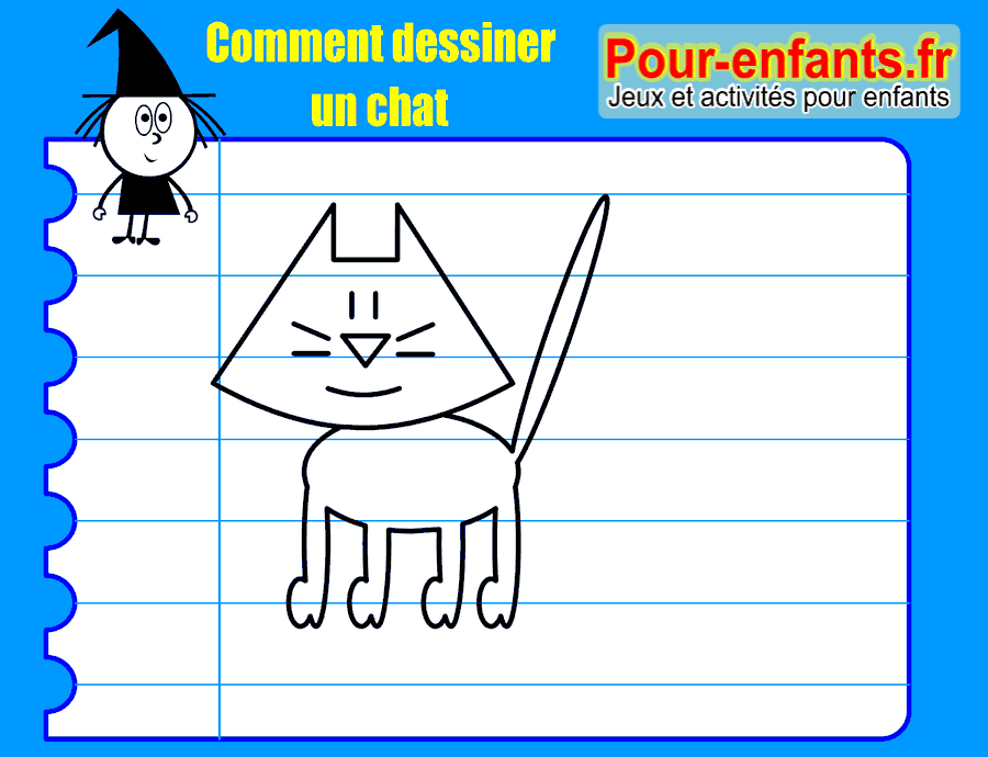 Dessiner un chat, étape 7 : les contours du corps et des pattes