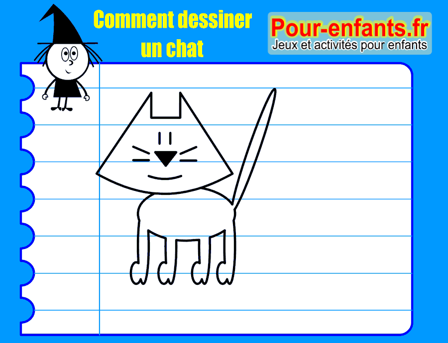 Dessiner un chat, étape 8 : le dessin de chat terminé, avec le museau noirci