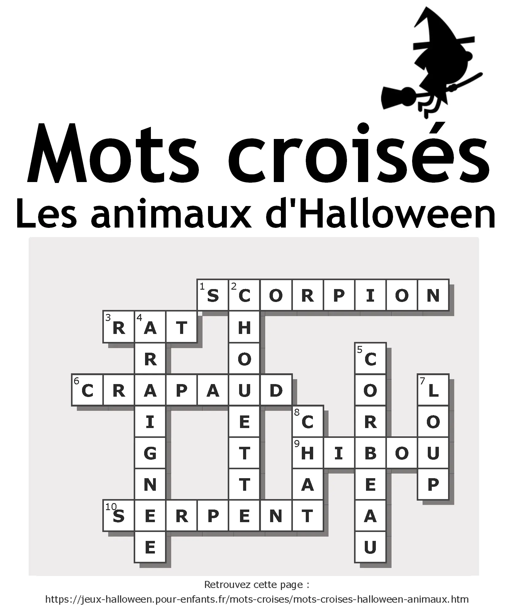 Dessin d'un jeu de mots croisés sur les animaux d'Halloween