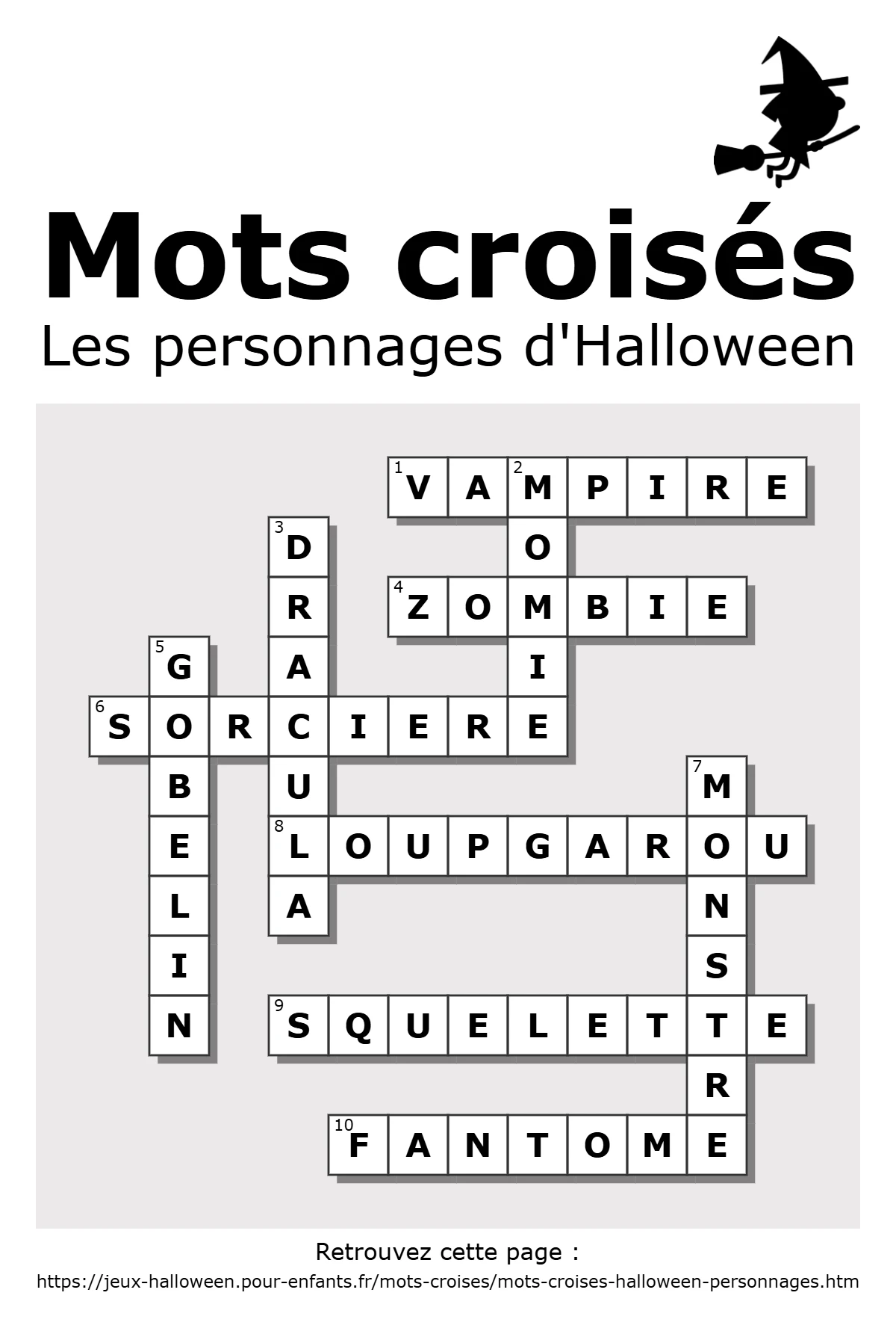 Les personnages d'Halloween : grille de mots croisés complétée (solution)